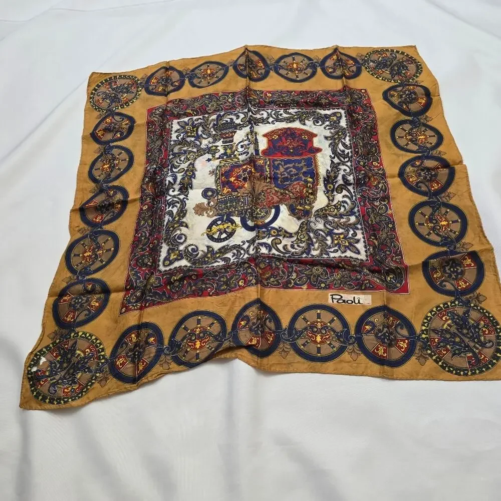 Paoli Silk Blend Medallion Scarf 24x26 Harvest Gold Vintage Equestrian Baroque